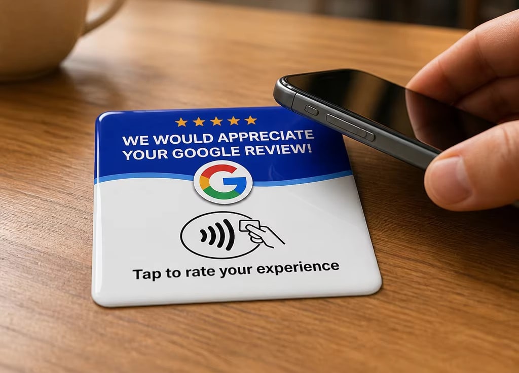 A customer tapping their phone on a Google review card sitting on a cafe table